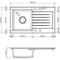 Faizee Home Alisha Granieten Spoelbak 75 × 44 cm – Keuken Spoelbak van Kwartscomposiet – Omkeerbaar – Inclusief Afvoer Mattschwarz Smart