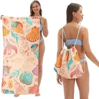 Snq 2-In-1 Opvouwbare Strandhanddoek Met Rugzak - Voor Kamperen, Yoga En Reizen - Bedrukte Badhanddoek Met Opbergvak - Omkeerbaar Strandkleed En Draagtas - Absorberend Voor Zwembad - Gele Schelp Print