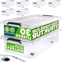 Deuba Opbergdozen met wieltjes - Stapelbare bakken - Orde scheppen thuis - Transparant BPA-vrij - 6 x 30 liter - Wit