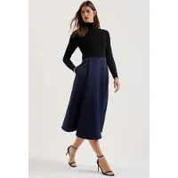 Ted Baker Chira Zwarte Gebreide Jurk Met Lijfje En Marineblauwe Wikkelrok