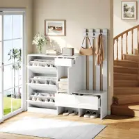 OKWISH Schoenenkast - Met Zitbank, Kapstokhaken, Lades en Klapvakken - Gesloten Opbergruimte voor Hal en Entree - Wit MDF - 160 x 35 x 160 cm