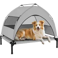 MH Handel GmbH Hondenmand voor buiten met dak, verhoogde hondenmand voor middelgrote honden, met stalen frame, 76x61x70cm, lichtgrijs