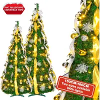 LZQ Kerstboom, opklapbaar, 150 cm, groen | 100 LED-lampjes (8 modi), inklapbare kerstboom met sneeuwvlokdecoratie, geschikt voor binnen en buiten