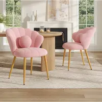 OKWISH Eetkamerstoel 60 x 62,5 x 83 Cm - Set Van 2 Met Schelpvormige Rugleuning - Voor Eetkamer, Kantoor En Kaptafel - Teddystof - Roze