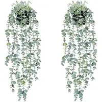 PromoHome Kunstmatige Hangplanten Set van 2 - Groene Nep Klimop en Eucalyptus Decoratie met Zwarte Potten voor Binnen - Kantoor, Woonkamer, Balkon Muur Decor