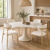 OKWISH Eetkamerstoel 81 Cm - Set Van 4 Met Gestoffeerde Zitting En Gouden Onderstel - Voor Eetkamer En Keuken - Polyester En Metaal - Wit