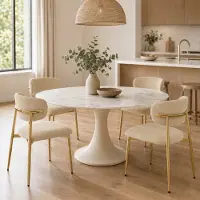 OKWISH Eetkamerstoel – Set Van 4 – Gestoffeerd Met Gebogen Rugleuning – Voor Eetkamer En Keuken – Polyester En Metaal – Bruin Goud
