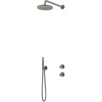 Hotbath Cobber IBS7009 inbouw regendoucheset met staafhanddouche aan houder en 20cm ronde hoofddouche aan 15cm plafondarm geborsteld nikkel