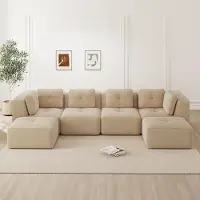Ropilly Modulair hoekbank in U-vorm, Cord Sofa beige, 4-zits, woonkamerbank zonder onderstel met ottoman, huidvriendelijk, 386x177x69 cm