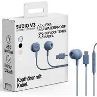 Sudio V3 Essential bedrade oordopjes met kabel. In-ear oordopjes met USB-C aansluiting. Gevlochten, kabelbreuk-bestendig ontwerp. Ingebouwde microfoon. Blauw
