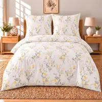 Buymax beddengoedset, 200x200 cm, 3-delig: 1 dekbedovertrek 200x200 cm en 2 kussenslopen 80x80 cm, 100% katoen renforcé, wit met bloemen, met rits