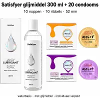 Satisfyer erotische geschenkset – glijmiddel waterbasis – 300 ml – condoom mix pack – 20 stuks condoom mix pack – condooms met ribbels – 10 stuks – condooms noppen – 10 stuks – + FiTONE