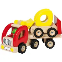 Goki Houten voertuig: OPLEGGER met BULLDOZER 34x8,5x12,5cm, met rubberen banden, 2+